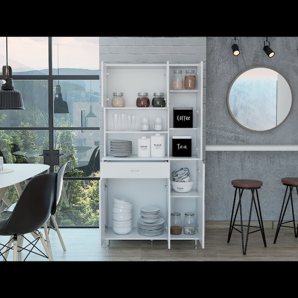 Tuhome Della 90 Kitchen Pantry, One Drawer, Multiple Cabinets, Two Open Shelvess, White ALB5614 - main